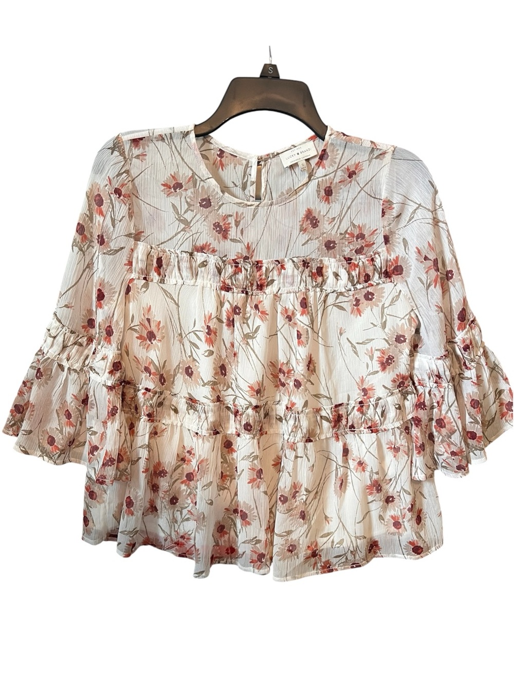 Lucky Brand Floral Ruffle Tiered Blouse - Cream with Orange Floral